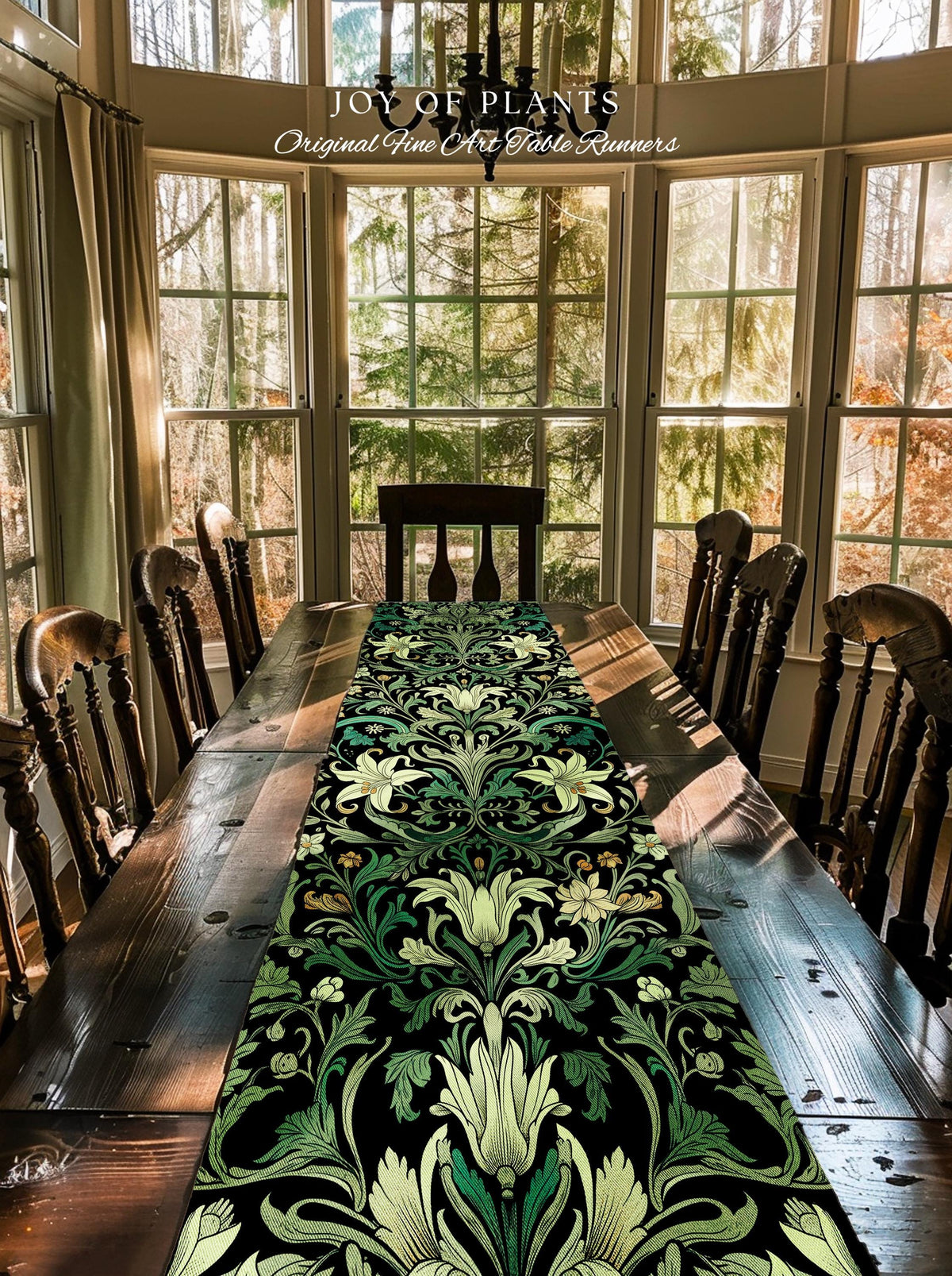 Ornate Green Botanical Table Runner Art Nouveau Victorian Floral William Morris Inspired Decor | Elegant Academia Lily Flower Cottagecore