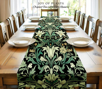 Ornate Green Botanical Table Runner Art Nouveau Victorian Floral William Morris Inspired Decor | Elegant Academia Lily Flower Cottagecore