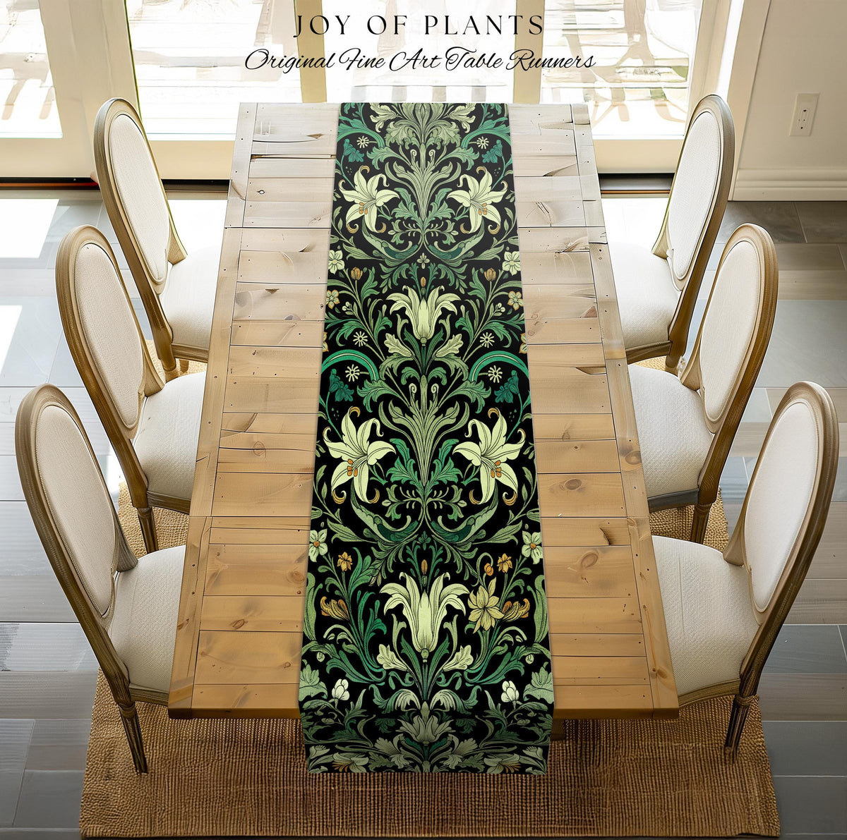 Ornate Green Botanical Table Runner Art Nouveau Victorian Floral William Morris Inspired Decor | Elegant Academia Lily Flower Cottagecore