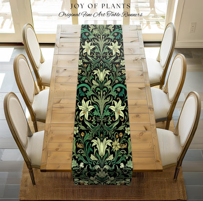 Ornate Green Botanical Table Runner Art Nouveau Victorian Floral William Morris Inspired Decor | Elegant Academia Lily Flower Cottagecore