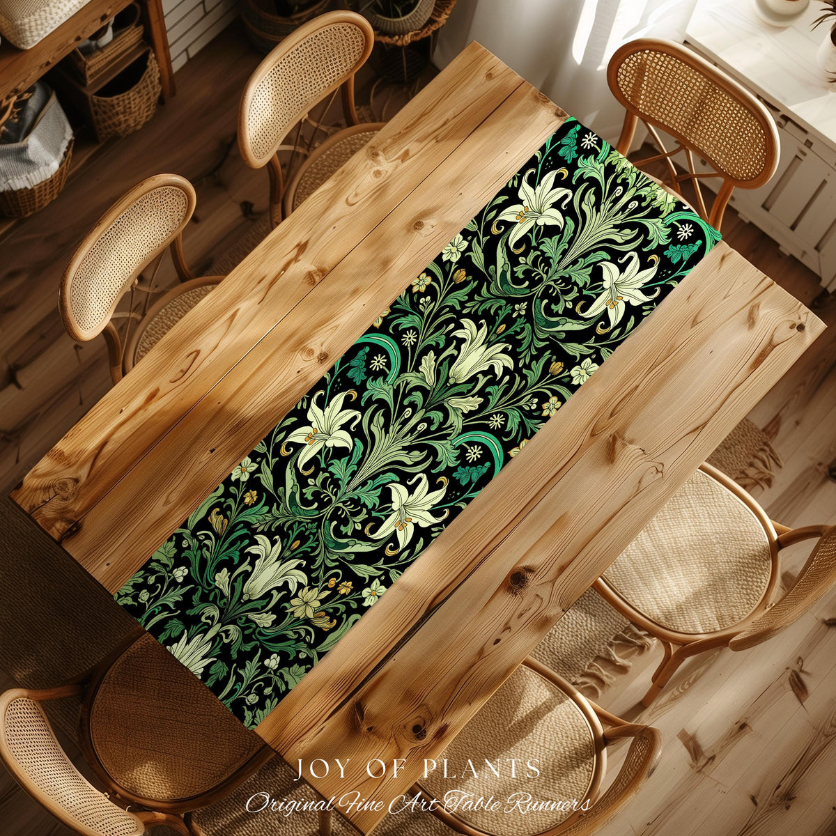 Ornate Green Botanical Table Runner Art Nouveau Victorian Floral William Morris Inspired Decor | Elegant Academia Lily Flower Cottagecore