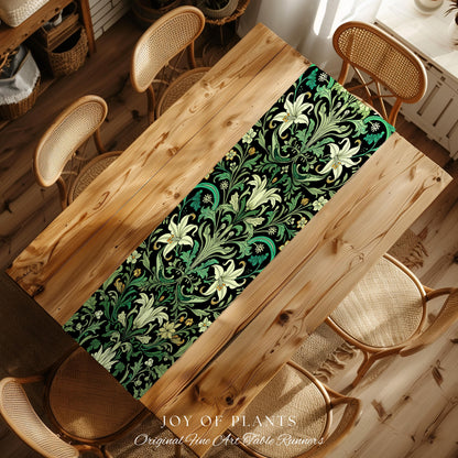 Ornate Green Botanical Table Runner Art Nouveau Victorian Floral William Morris Inspired Decor | Elegant Academia Lily Flower Cottagecore
