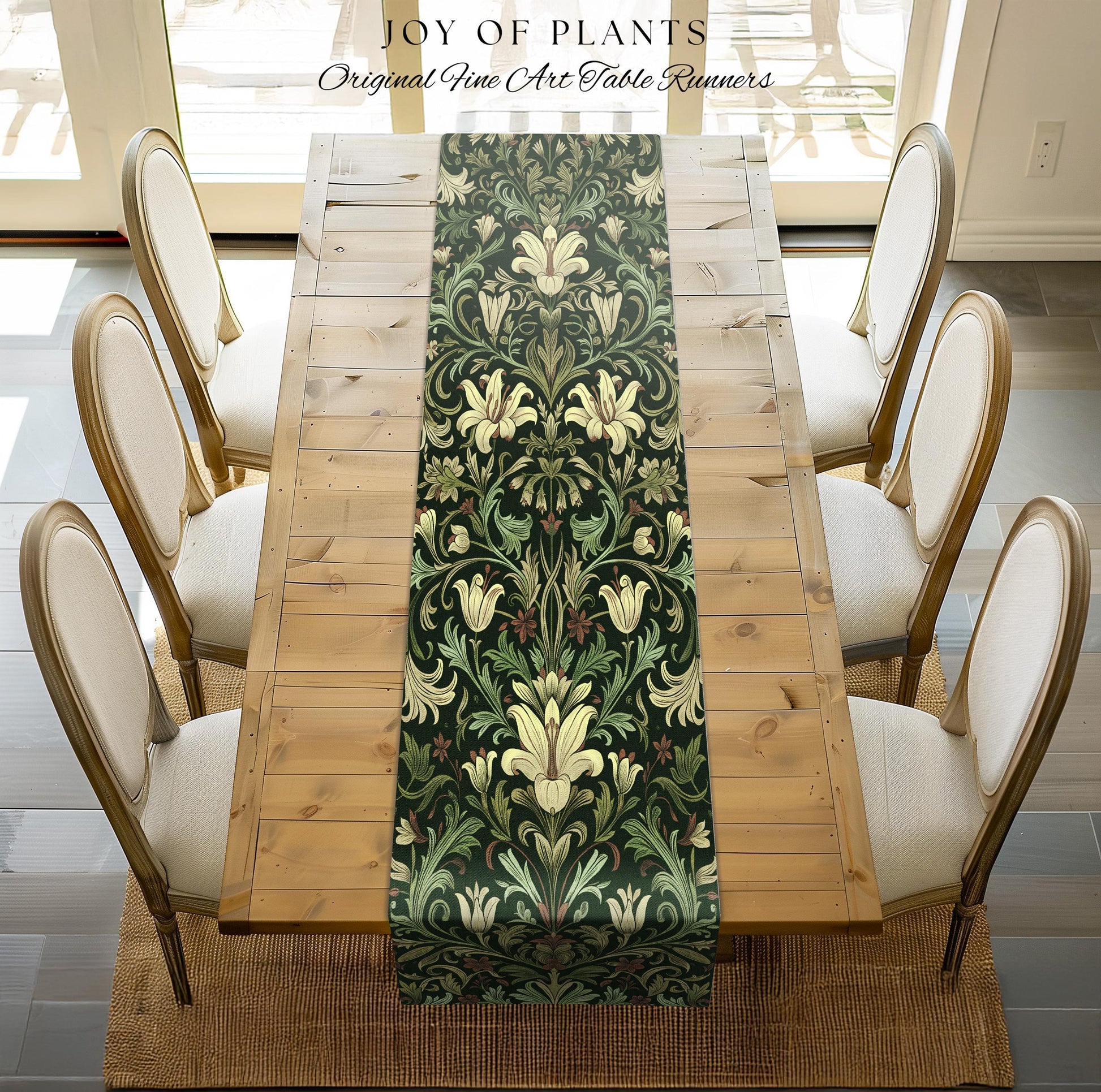 Antique Victorian Floral Table Runner Dark Green Botanical Aesthetic, Baroque Inspired Art Nouveau Vintage Cottagecore William Morris Style