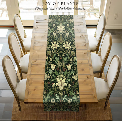 Antique Victorian Floral Table Runner Dark Green Botanical Aesthetic, Baroque Inspired Art Nouveau Vintage Cottagecore William Morris Style