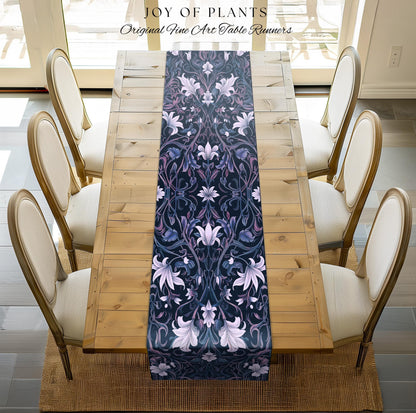 Colorful Floral Table Runner Whimsical | Ornate Renaissance Style Art Deco Aesthetic Purple Dark Botanical Dining Room Morris Inspired Decor