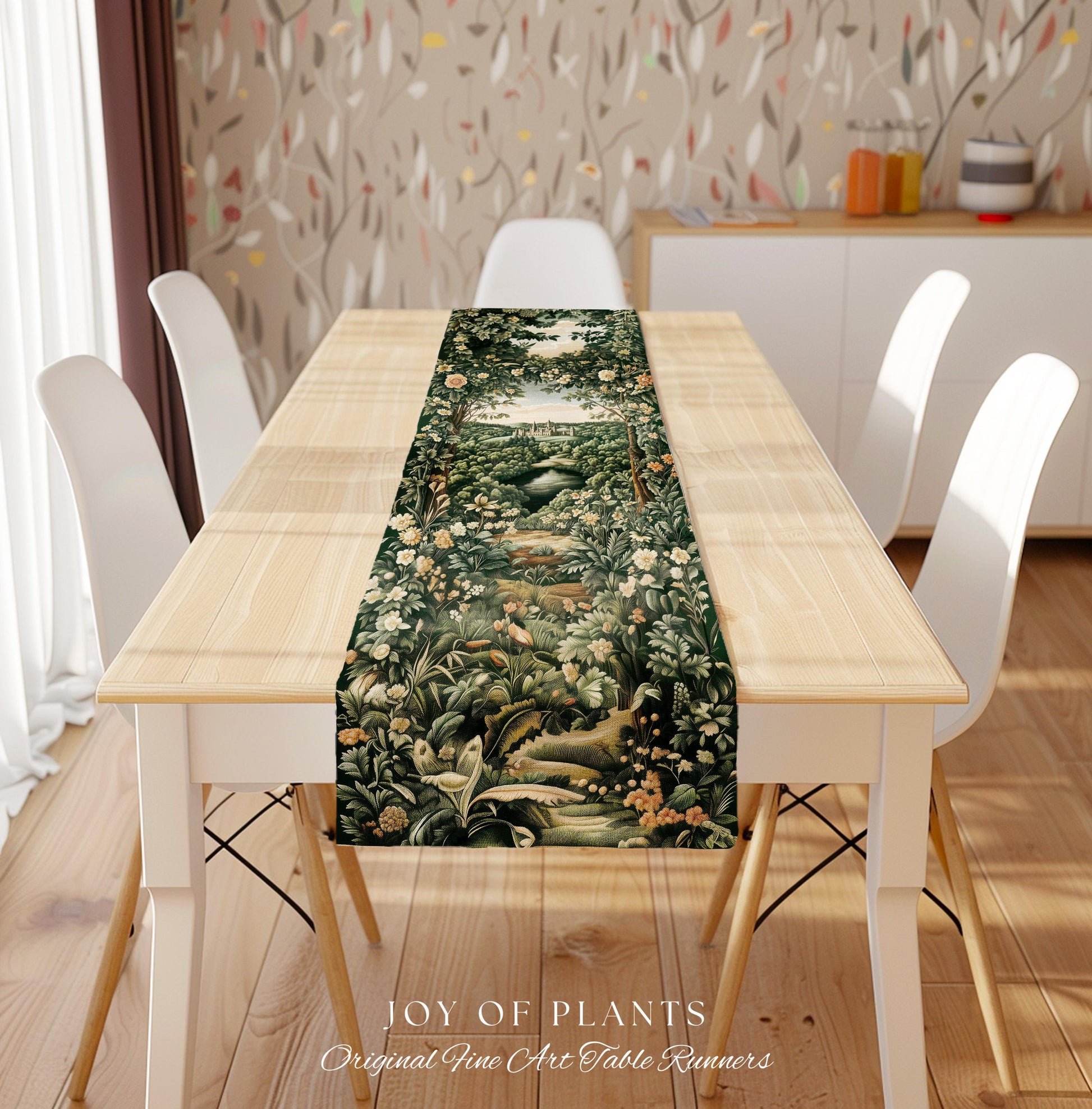 Castle Landscape Botanical Table Runner | Fairytale Aesthetic Mystic Garden Dining Room Fairycore Woodland Nature Princesscore Home Decor |
