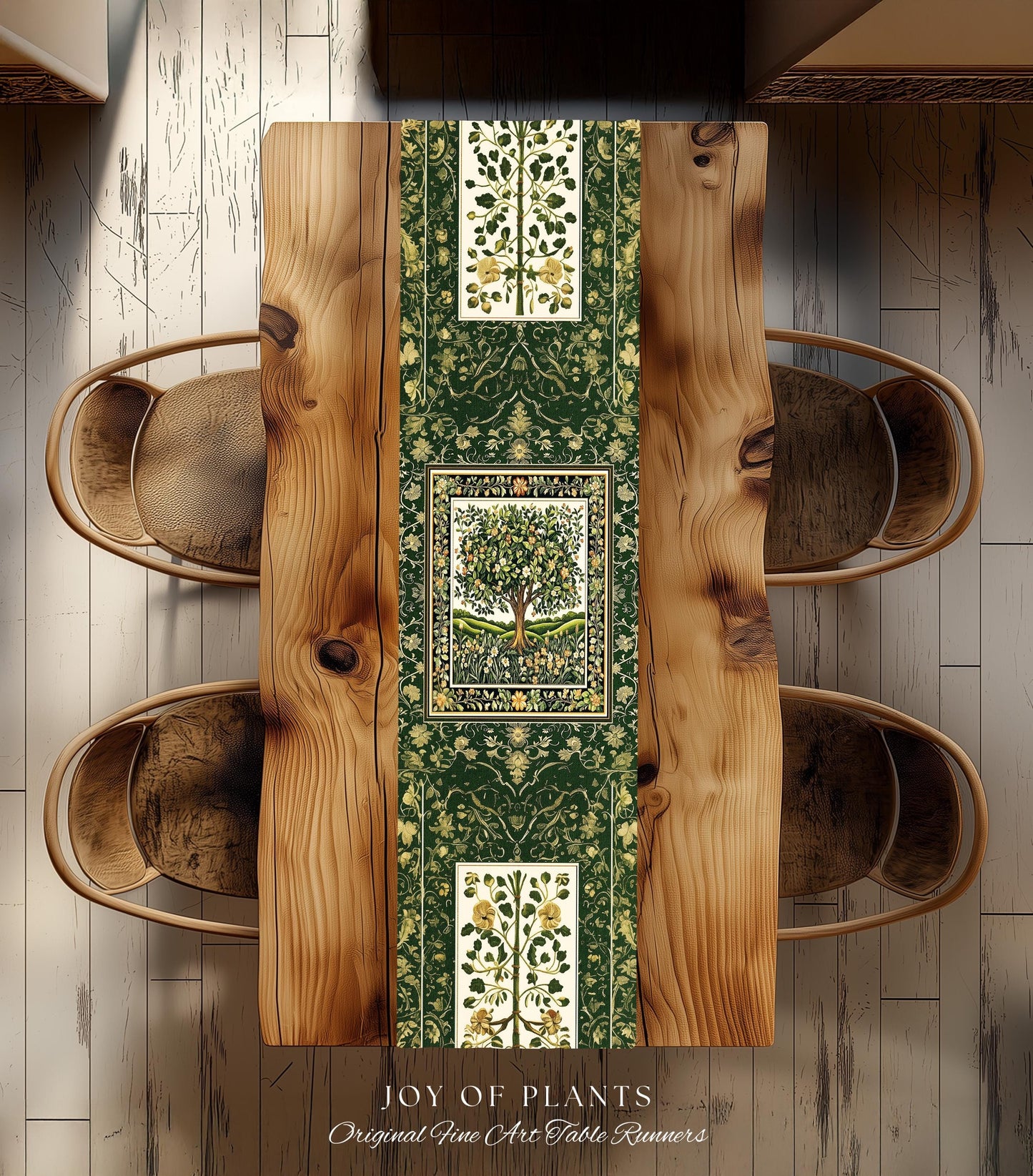 Emerald Green Floral Tree of Life Table Runner | Botanical Forestcore Folklore Vintage Floral Enchanted Cozy Cottagecore Whimsical Natural