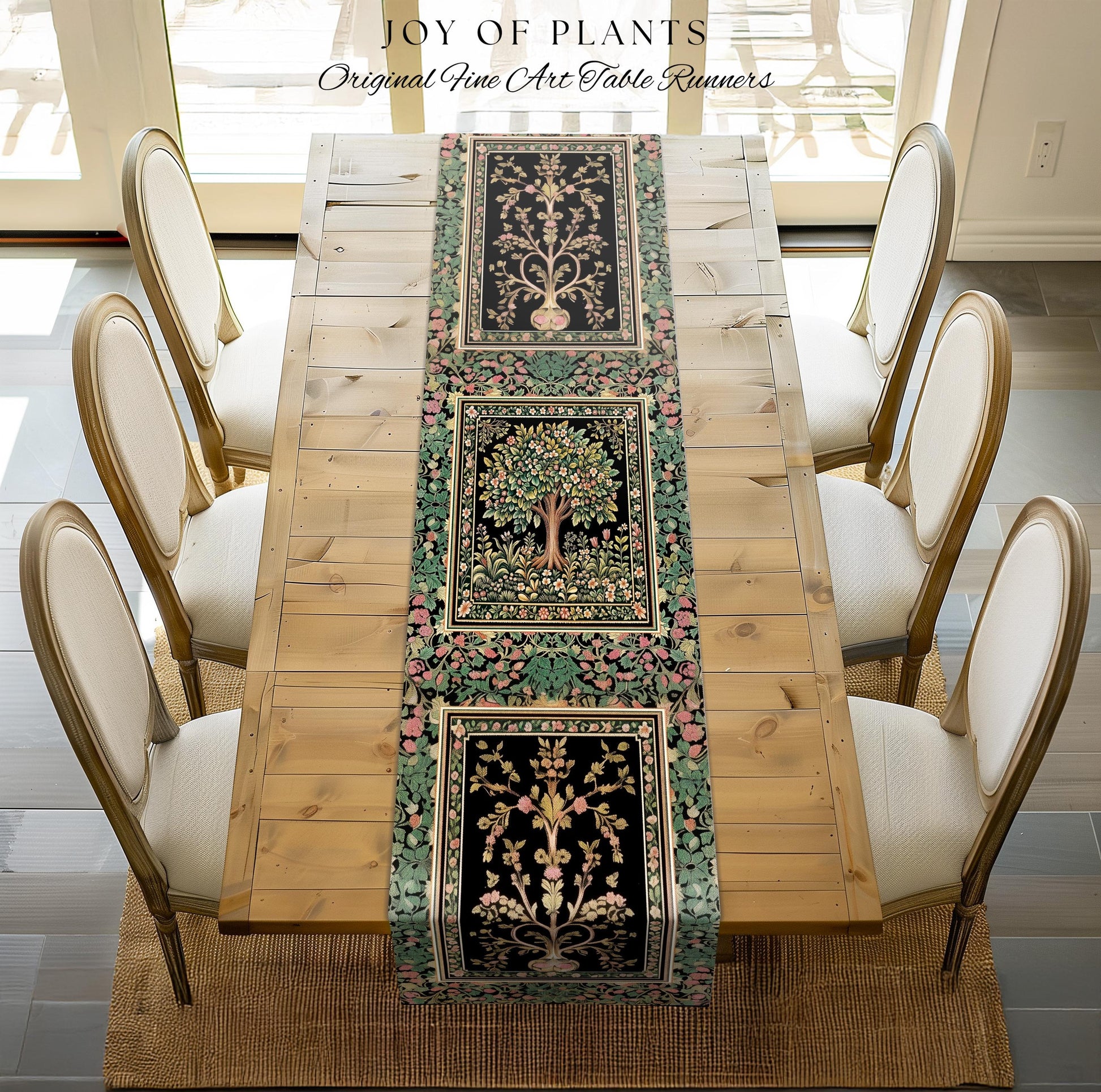 Fairy Garden Tree of Life Table Runner | Cottagecore Countryside Romantic Floral Landscape Whimsical Chateau Style Bohemian Botanical Home