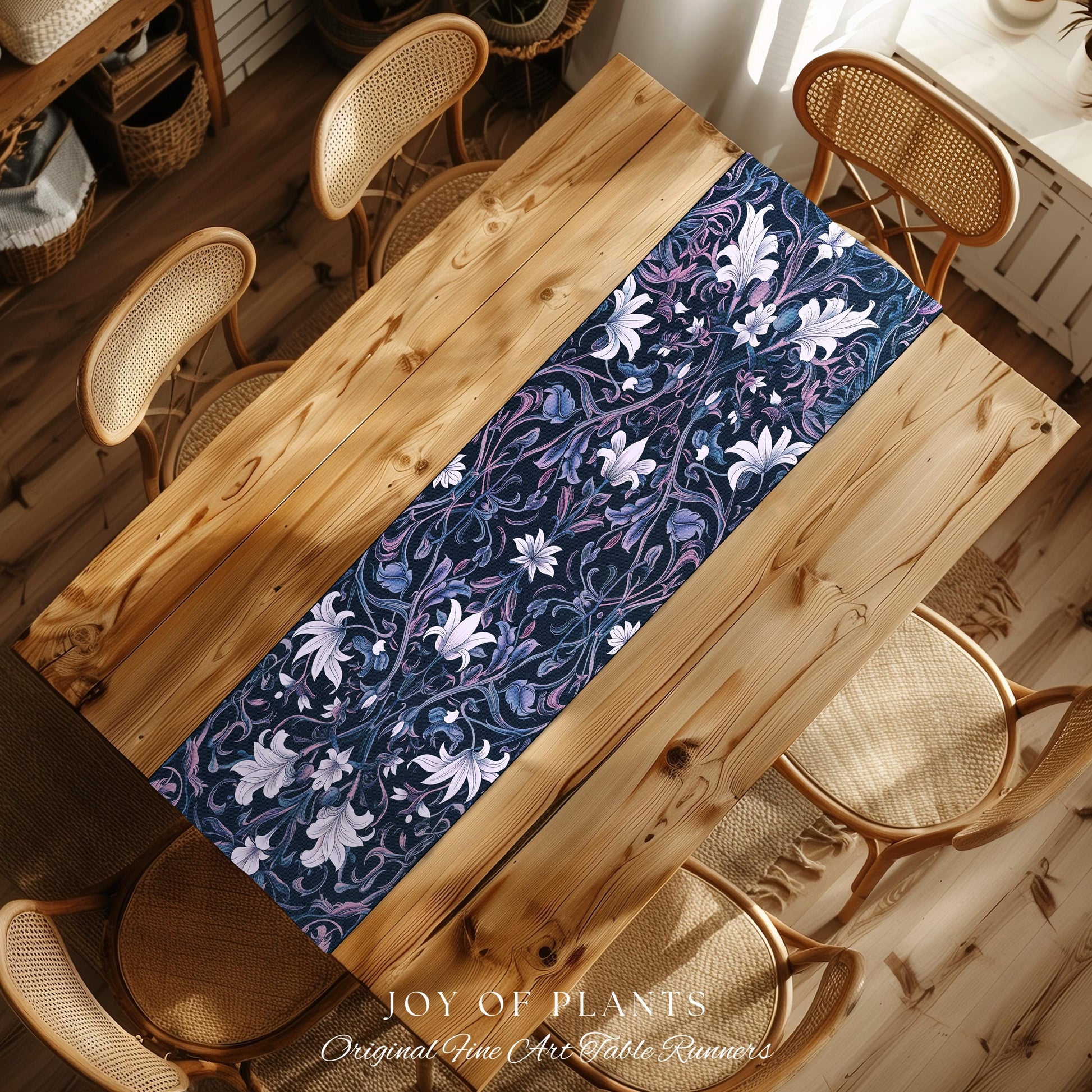 Colorful Floral Table Runner Whimsical | Ornate Renaissance Style Art Deco Aesthetic Purple Dark Botanical Dining Room Morris Inspired Decor