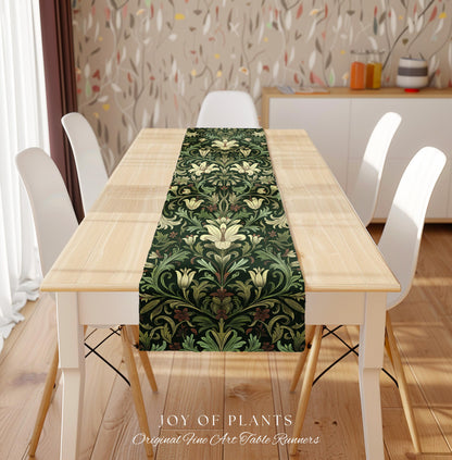 Antique Victorian Floral Table Runner Dark Green Botanical Aesthetic, Baroque Inspired Art Nouveau Vintage Cottagecore William Morris Style