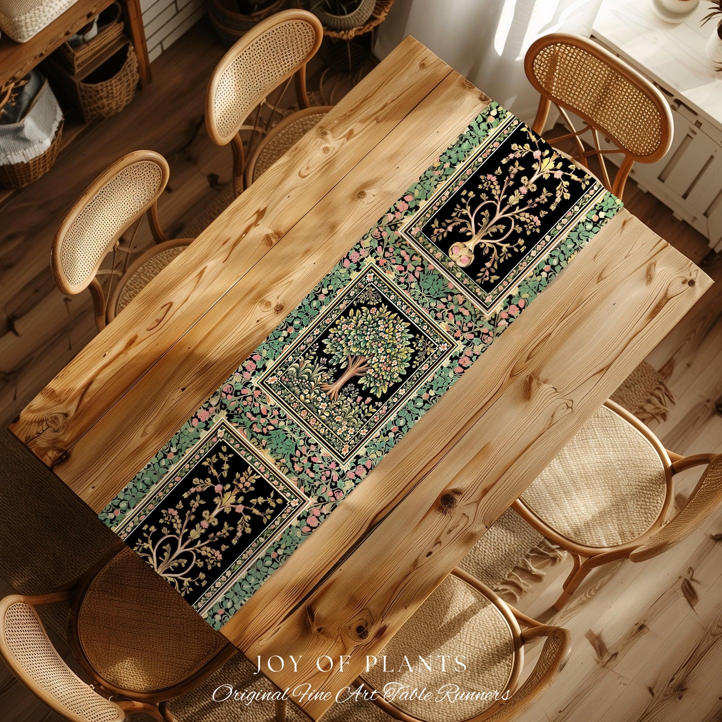 Fairy Garden Tree of Life Table Runner | Cottagecore Countryside Romantic Floral Landscape Whimsical Chateau Style Bohemian Botanical Home