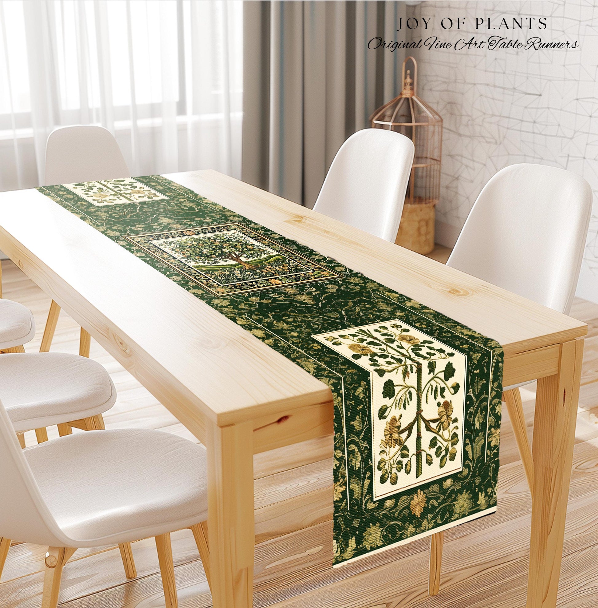 Emerald Green Floral Tree of Life Table Runner | Botanical Forestcore Folklore Vintage Floral Enchanted Cozy Cottagecore Whimsical Natural