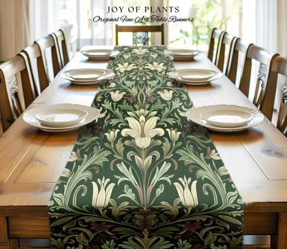 Antique Victorian Floral Table Runner Dark Green Botanical Aesthetic, Baroque Inspired Art Nouveau Vintage Cottagecore William Morris Style