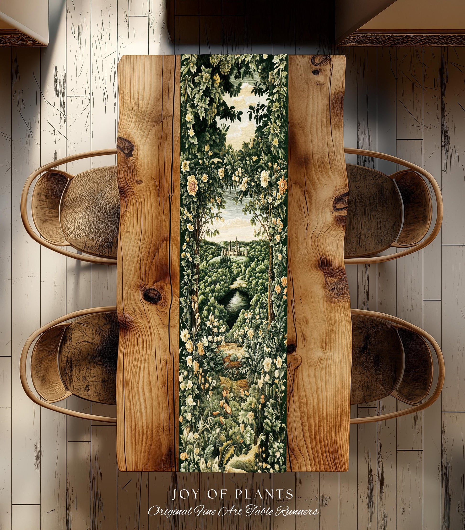 Castle Landscape Botanical Table Runner | Fairytale Aesthetic Mystic Garden Dining Room Fairycore Woodland Nature Princesscore Home Decor |