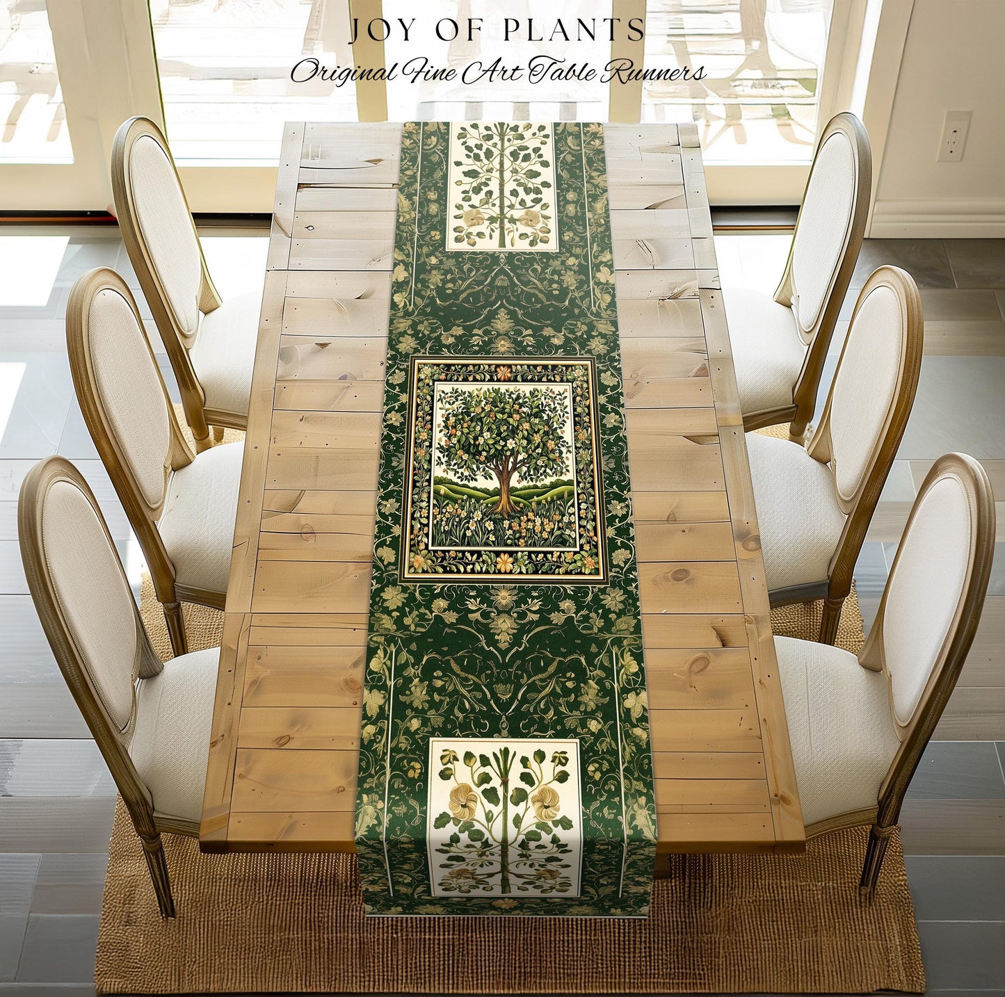 Emerald Green Floral Tree of Life Table Runner | Botanical Forestcore Folklore Vintage Floral Enchanted Cozy Cottagecore Whimsical Natural