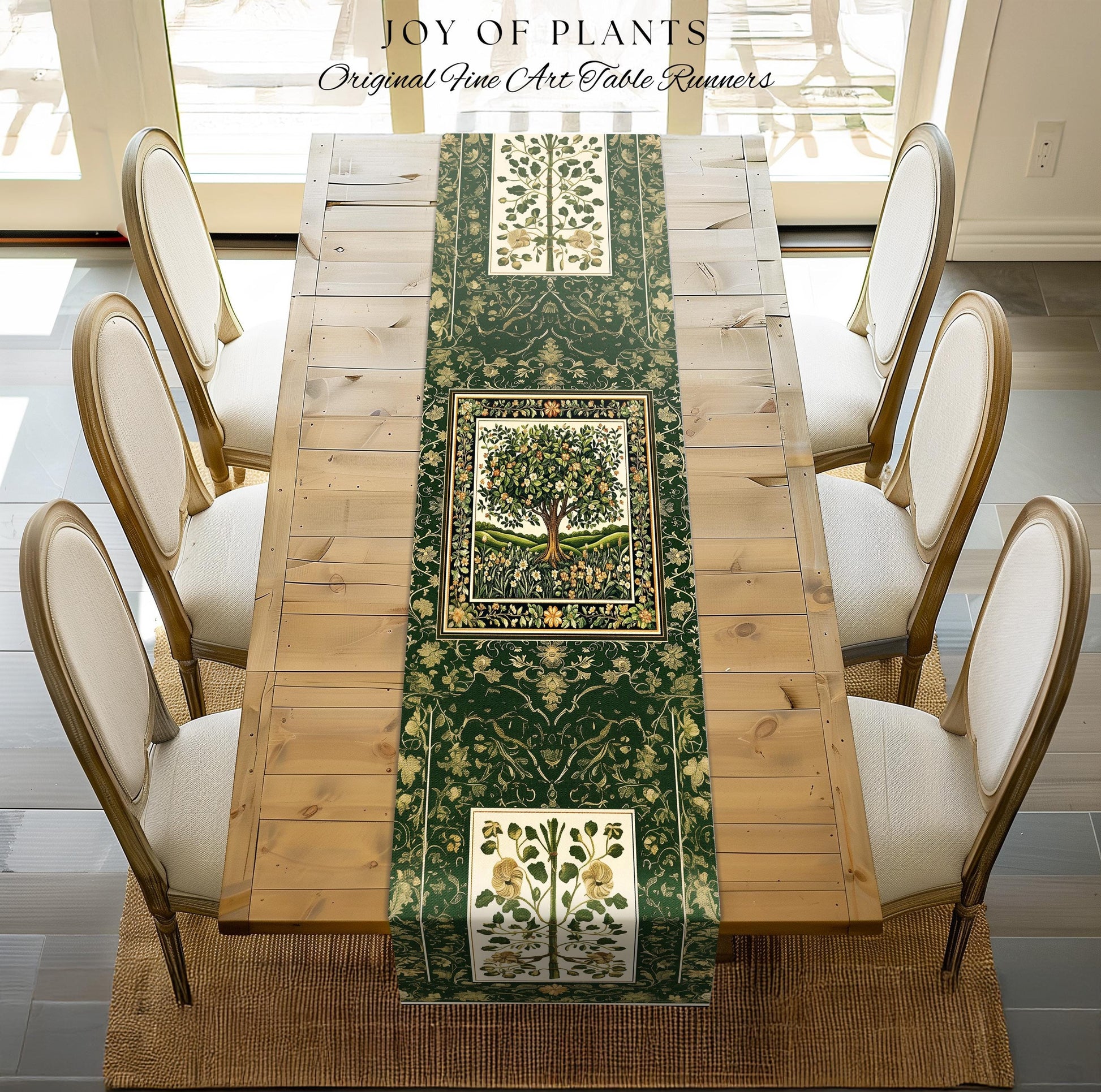 Emerald Green Floral Tree of Life Table Runner | Botanical Forestcore Folklore Vintage Floral Enchanted Cozy Cottagecore Whimsical Natural