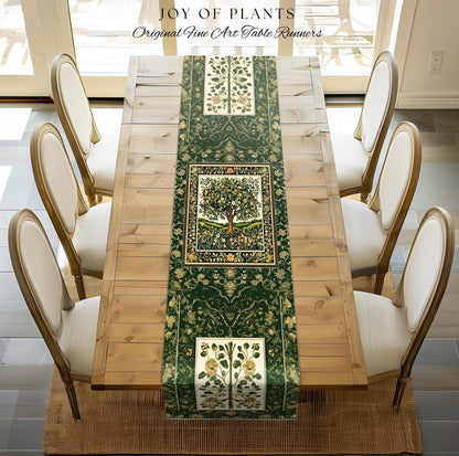 Emerald Green Floral Tree of Life Table Runner | Botanical Forestcore Folklore Vintage Floral Enchanted Cozy Cottagecore Whimsical Natural