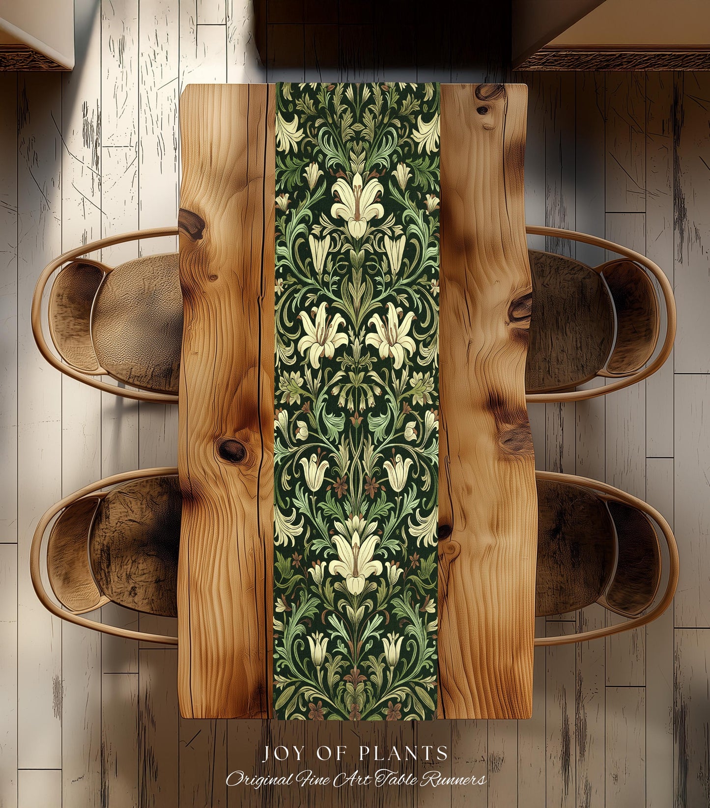 Antique Victorian Floral Table Runner Dark Green Botanical Aesthetic, Baroque Inspired Art Nouveau Vintage Cottagecore William Morris Style