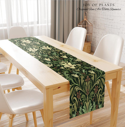 Antique Victorian Floral Table Runner Dark Green Botanical Aesthetic, Baroque Inspired Art Nouveau Vintage Cottagecore William Morris Style