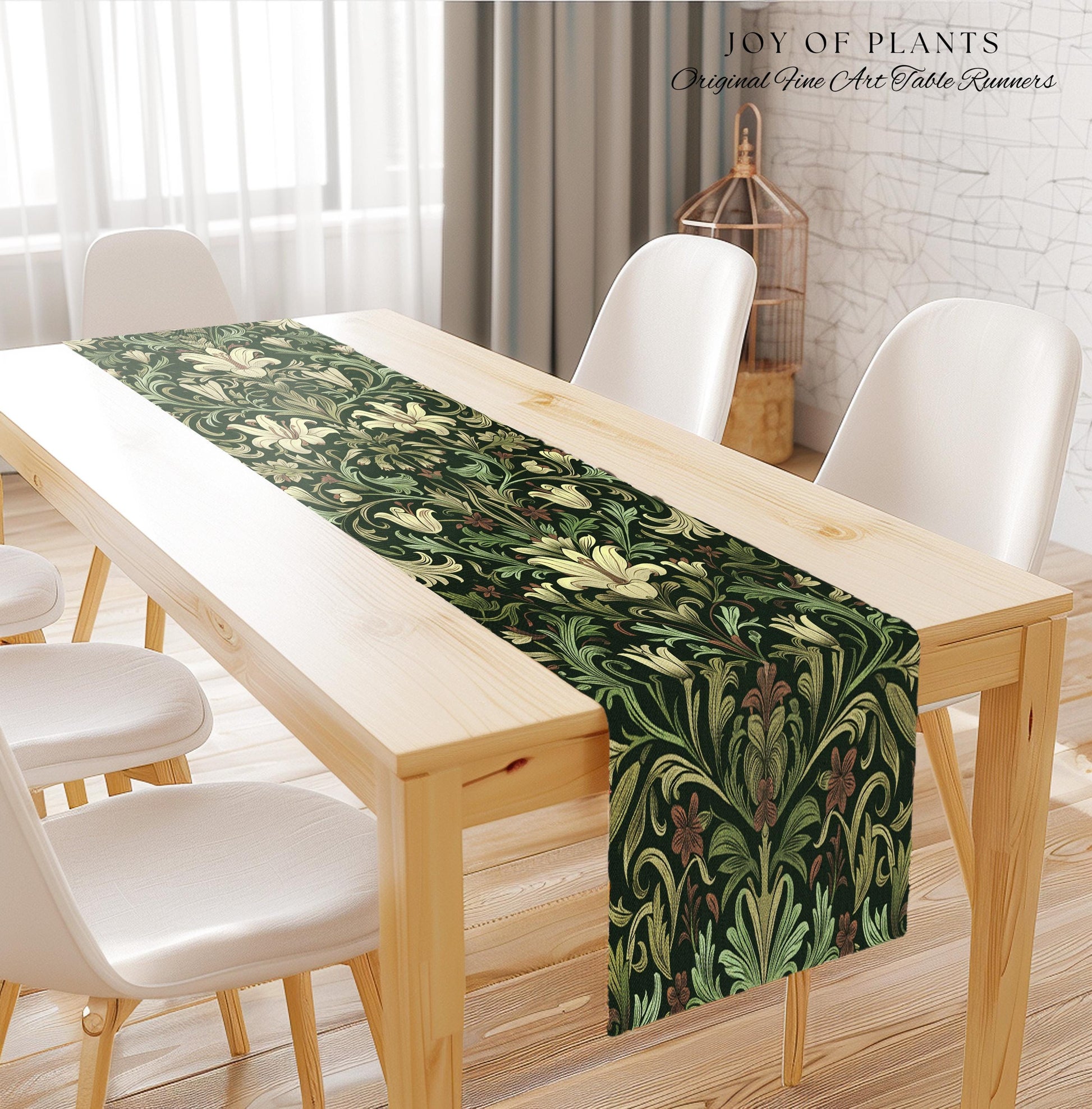 Antique Victorian Floral Table Runner Dark Green Botanical Aesthetic, Baroque Inspired Art Nouveau Vintage Cottagecore William Morris Style