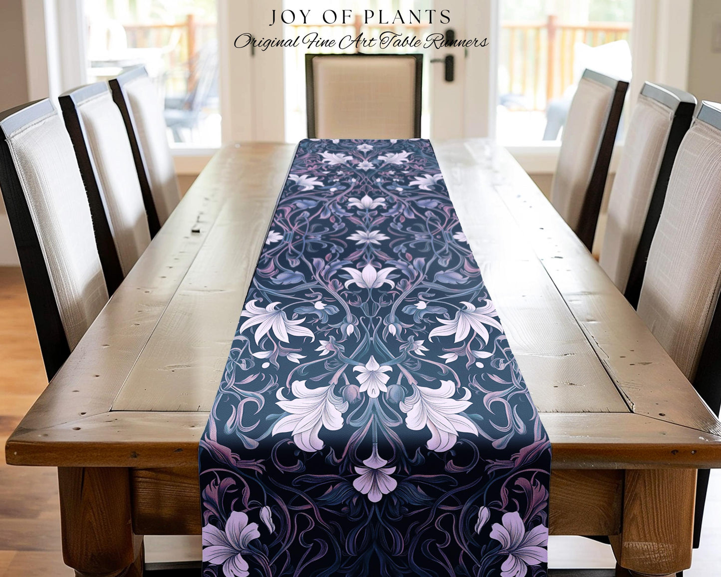 Colorful Floral Table Runner Whimsical | Ornate Renaissance Style Art Deco Aesthetic Purple Dark Botanical Dining Room Morris Inspired Decor
