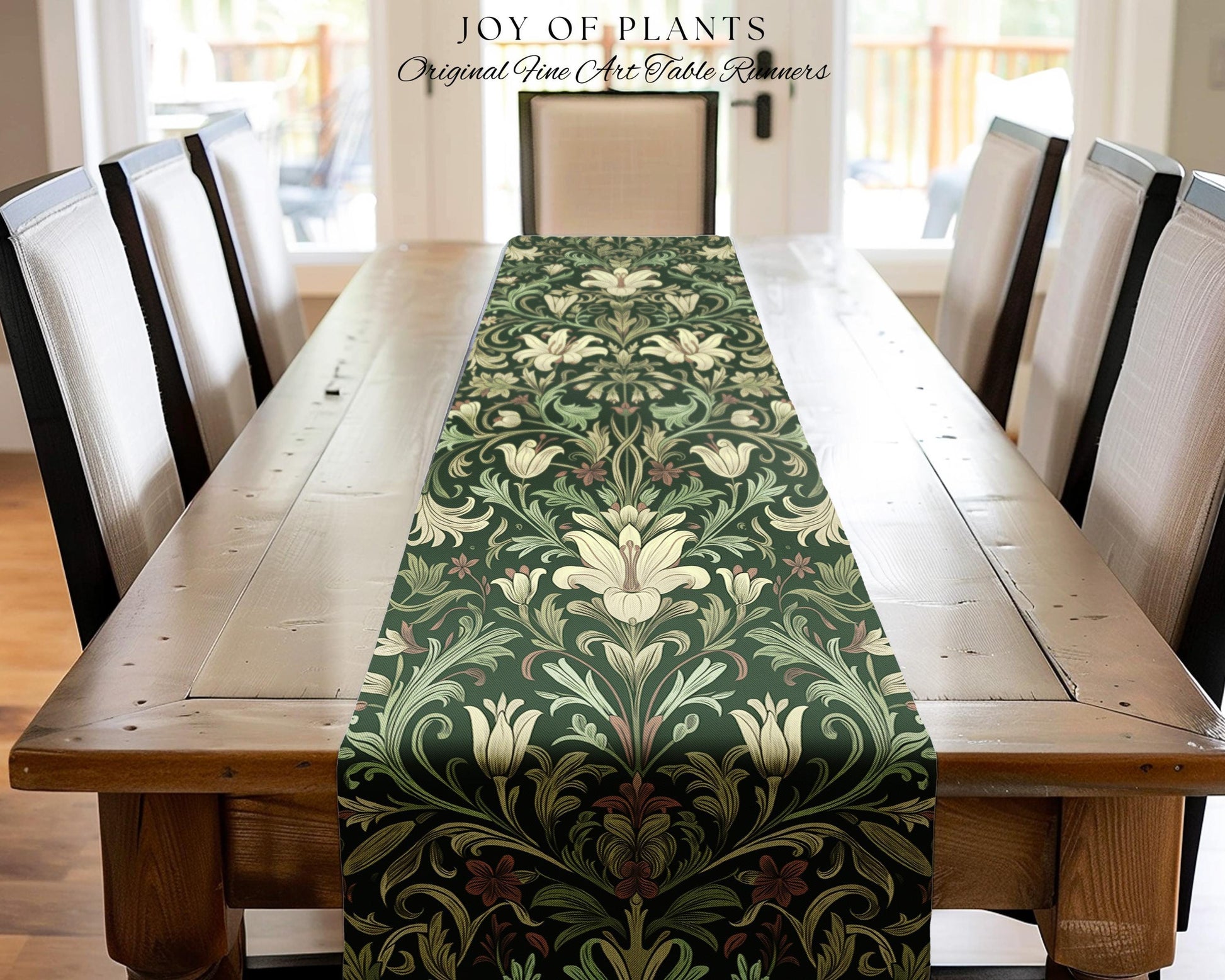 Antique Victorian Floral Table Runner Dark Green Botanical Aesthetic, Baroque Inspired Art Nouveau Vintage Cottagecore William Morris Style
