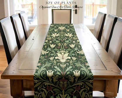 Antique Victorian Floral Table Runner Dark Green Botanical Aesthetic, Baroque Inspired Art Nouveau Vintage Cottagecore William Morris Style