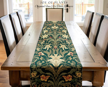 Earthy Fairycore Floral Aesthetic Table Runner | Enchanted Muted Forest Green Art Nouveau Victorian Decor Cottagecore Academia Art Deco |
