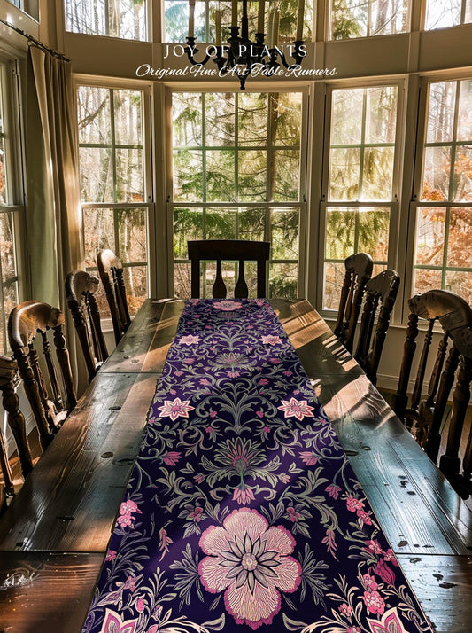 Table Runner Whimsical Florals | Dark Renaissance Style Art Deco Aesthetic Purple Botanical Dining Room Morris Inspired Fairycore Gothic |