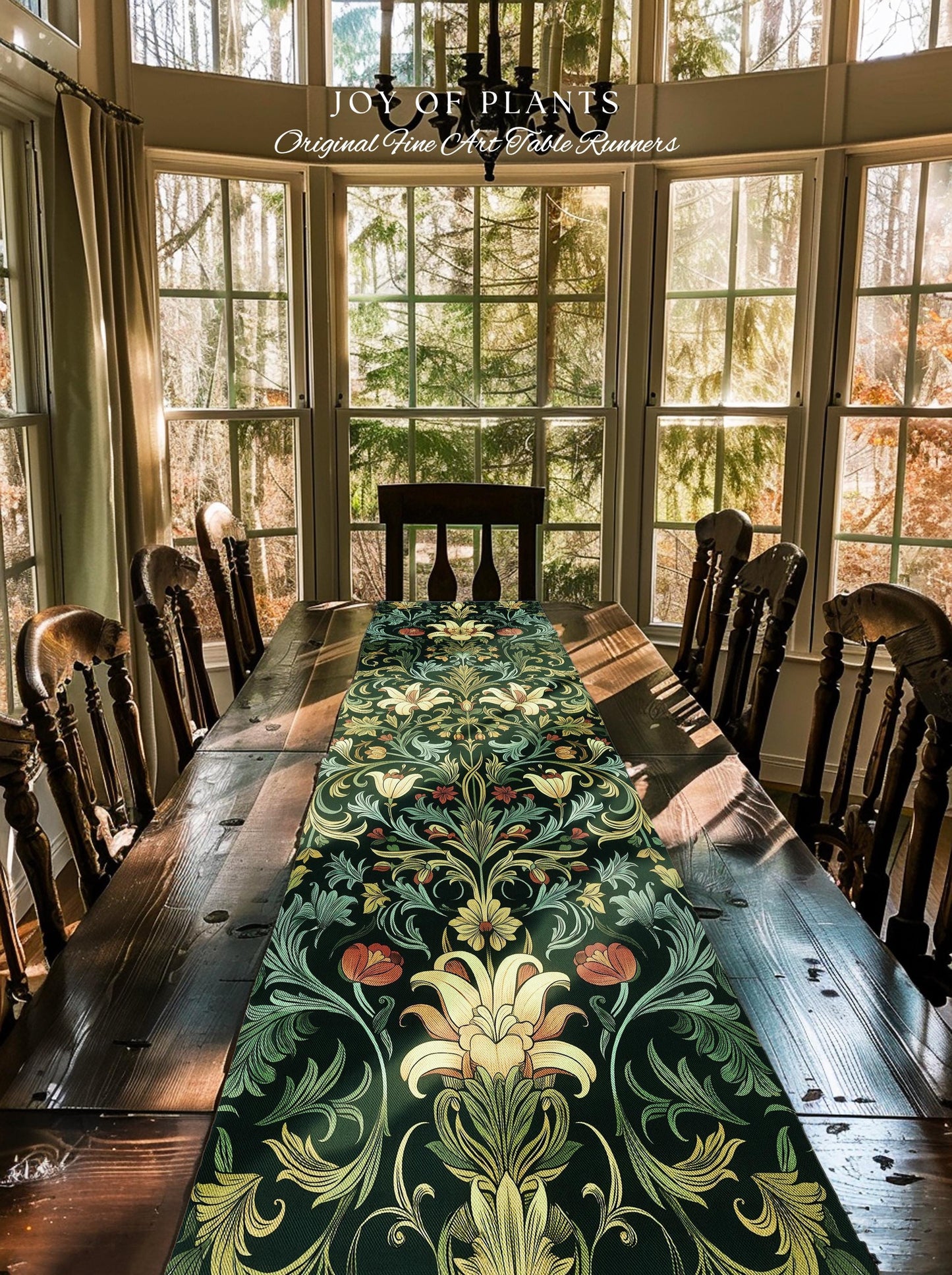 Vintage Green Botanical Art Nouveau Table Runner William Morris Style Victorian Floral Design | Dark Academia Woodland Aesthetic Gothic