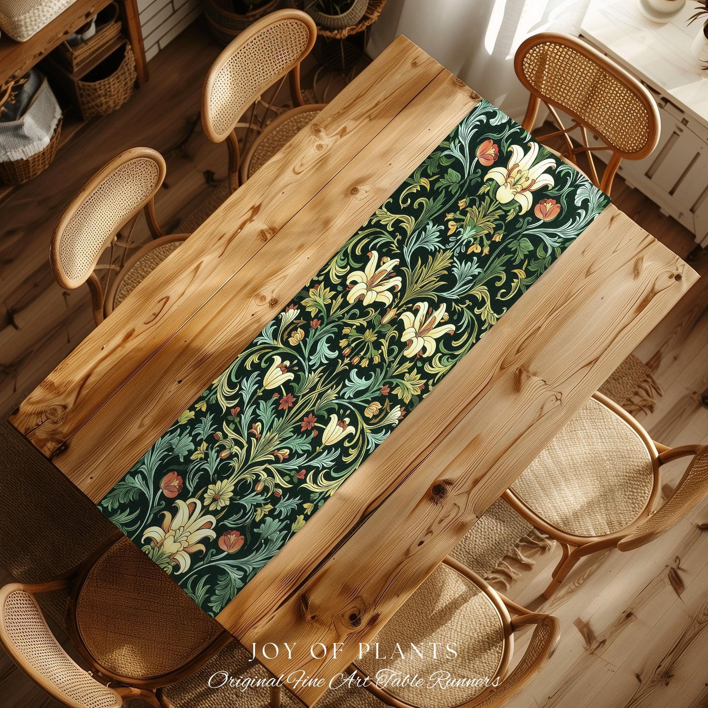 Vintage Green Botanical Art Nouveau Table Runner William Morris Style Victorian Floral Design | Dark Academia Woodland Aesthetic Gothic