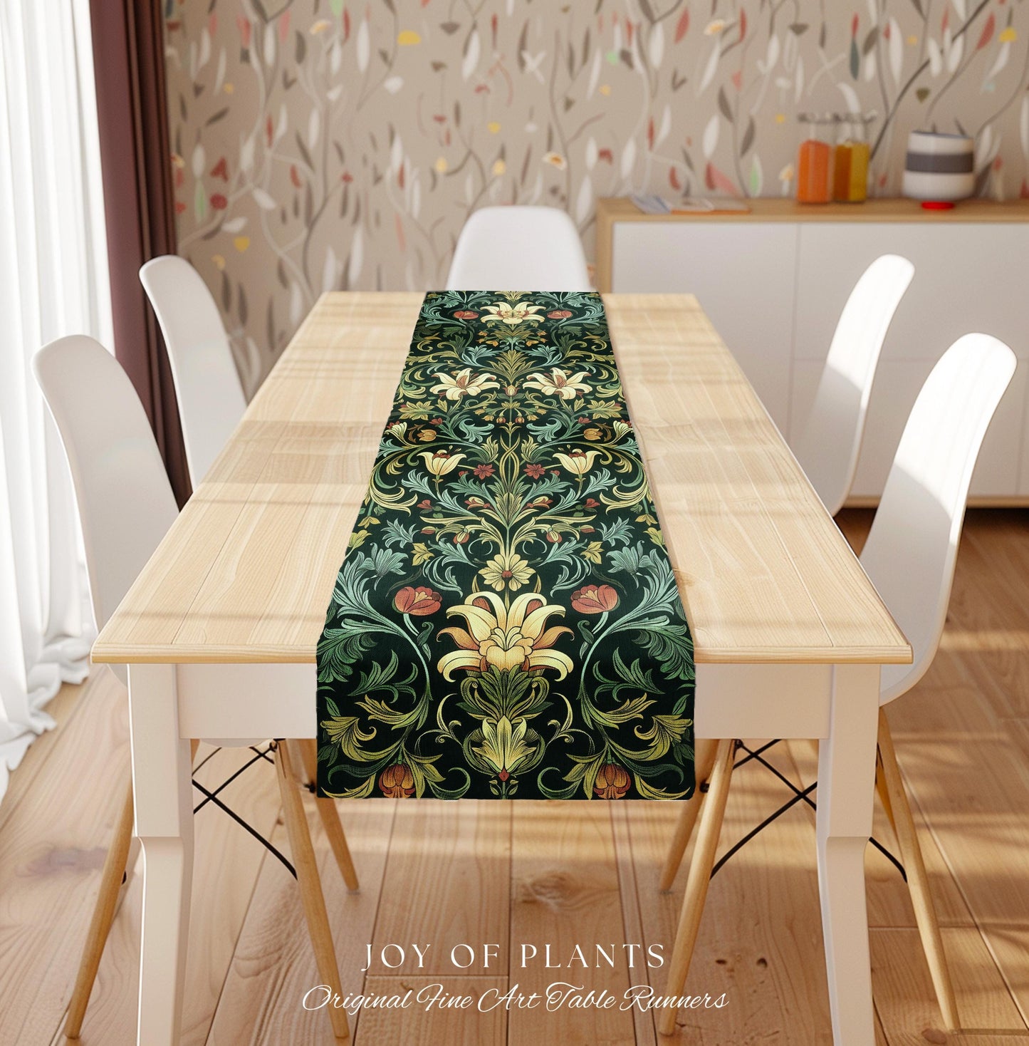Vintage Green Botanical Art Nouveau Table Runner William Morris Style Victorian Floral Design | Dark Academia Woodland Aesthetic Gothic