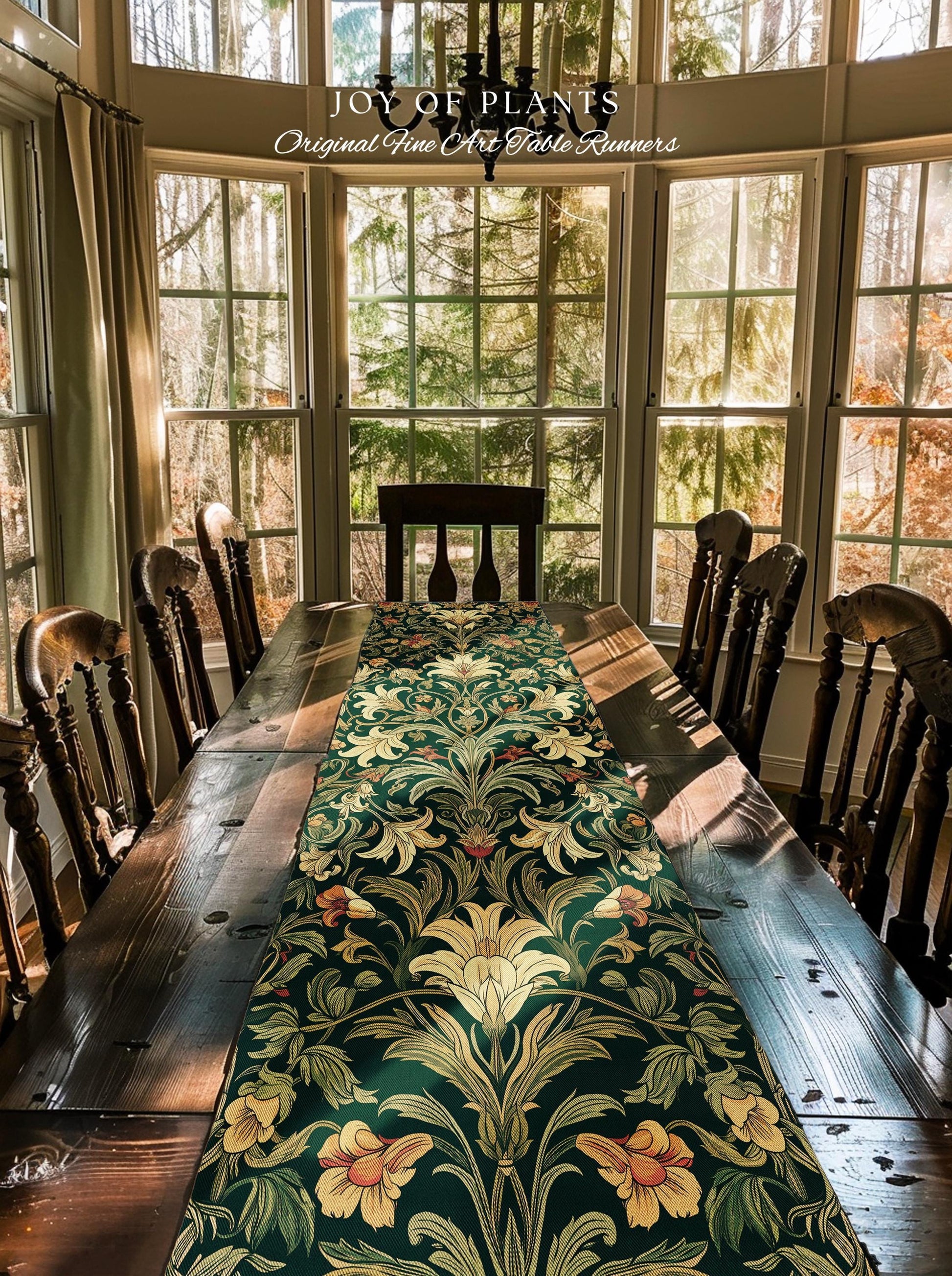 Earthy Fairycore Floral Aesthetic Table Runner | Enchanted Muted Forest Green Art Nouveau Victorian Decor Cottagecore Academia Art Deco |