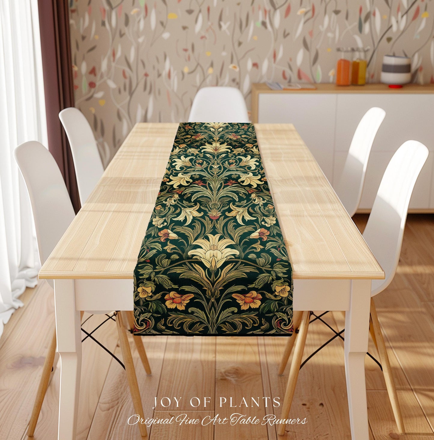 Earthy Fairycore Floral Aesthetic Table Runner | Enchanted Muted Forest Green Art Nouveau Victorian Decor Cottagecore Academia Art Deco |