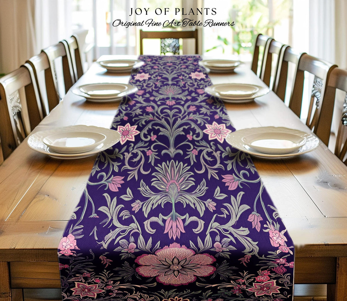 Table Runner Whimsical Florals | Dark Renaissance Style Art Deco Aesthetic Purple Botanical Dining Room Morris Inspired Fairycore Gothic |