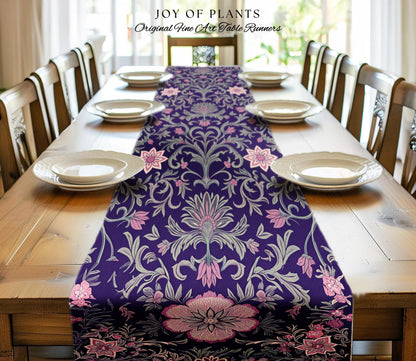 Table Runner Whimsical Florals | Dark Renaissance Style Art Deco Aesthetic Purple Botanical Dining Room Morris Inspired Fairycore Gothic |