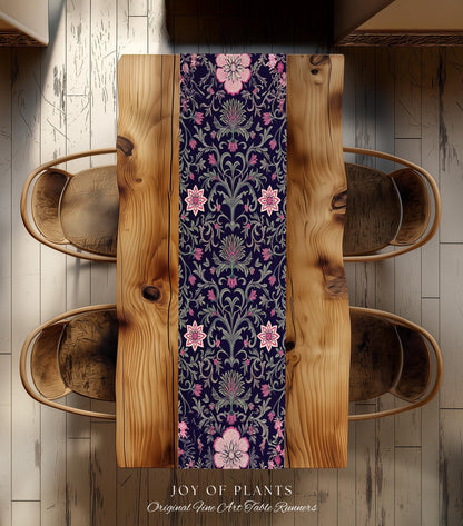 Table Runner Whimsical Florals | Dark Renaissance Style Art Deco Aesthetic Purple Botanical Dining Room Morris Inspired Fairycore Gothic |