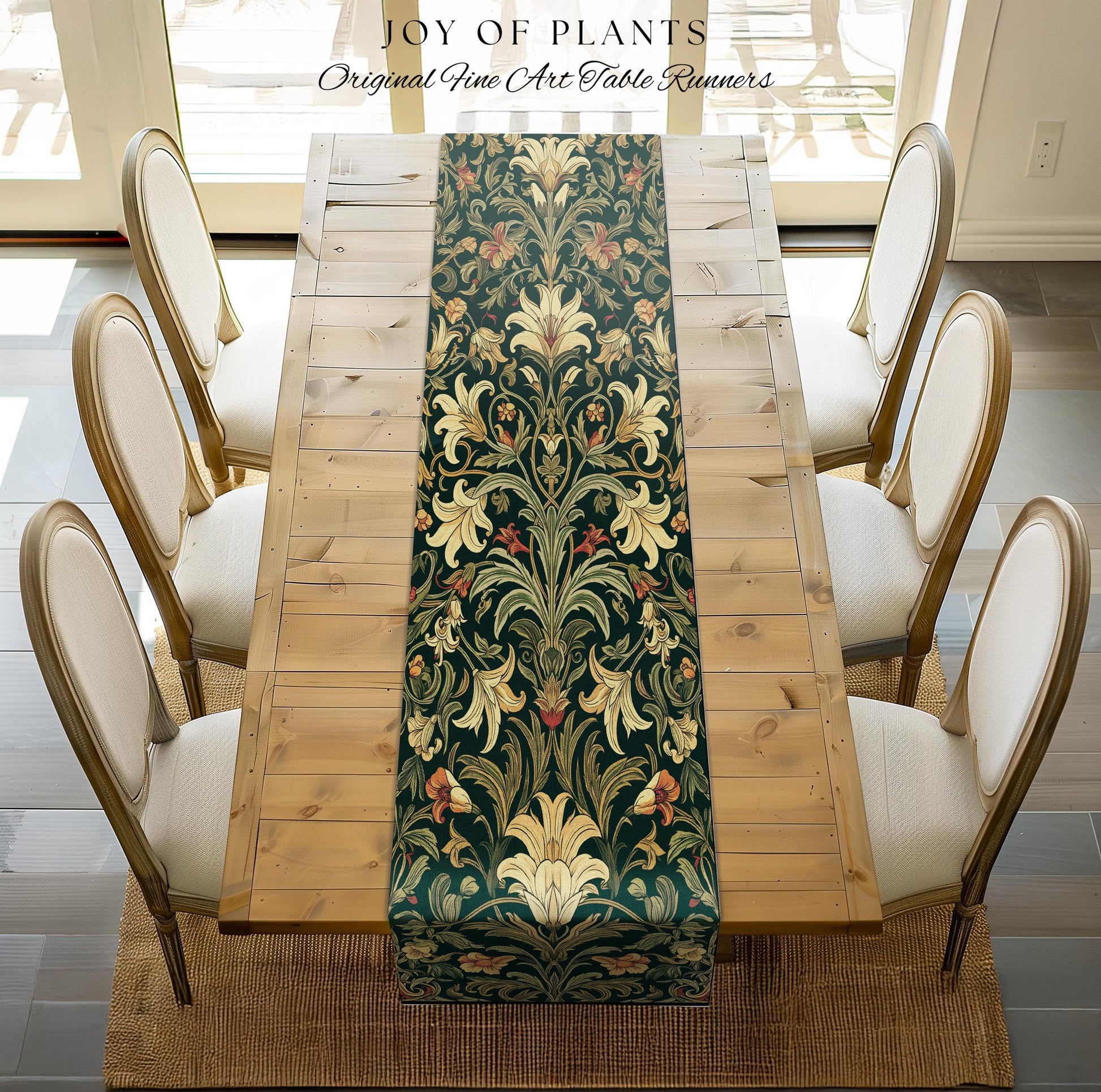 Earthy Fairycore Floral Aesthetic Table Runner | Enchanted Muted Forest Green Art Nouveau Victorian Decor Cottagecore Academia Art Deco |