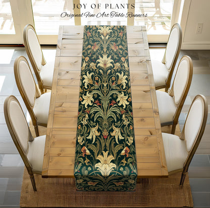 Earthy Fairycore Floral Aesthetic Table Runner | Enchanted Muted Forest Green Art Nouveau Victorian Decor Cottagecore Academia Art Deco |
