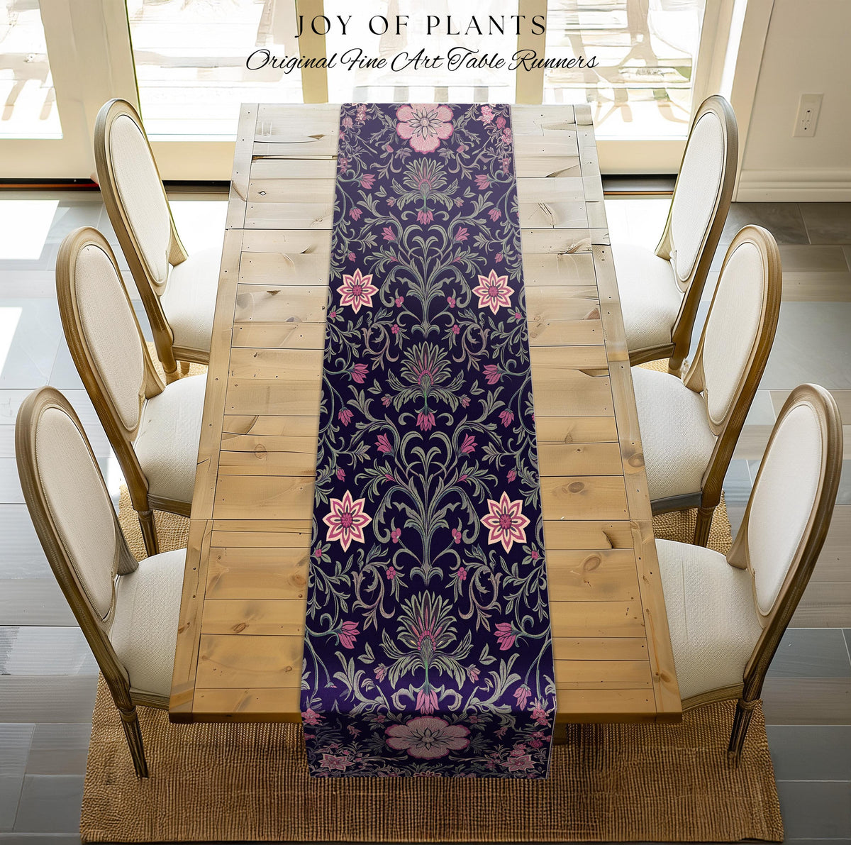 Table Runner Whimsical Florals | Dark Renaissance Style Art Deco Aesthetic Purple Botanical Dining Room Morris Inspired Fairycore Gothic |