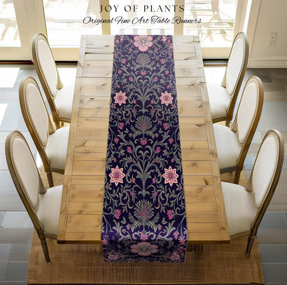 Table Runner Whimsical Florals | Dark Renaissance Style Art Deco Aesthetic Purple Botanical Dining Room Morris Inspired Fairycore Gothic |
