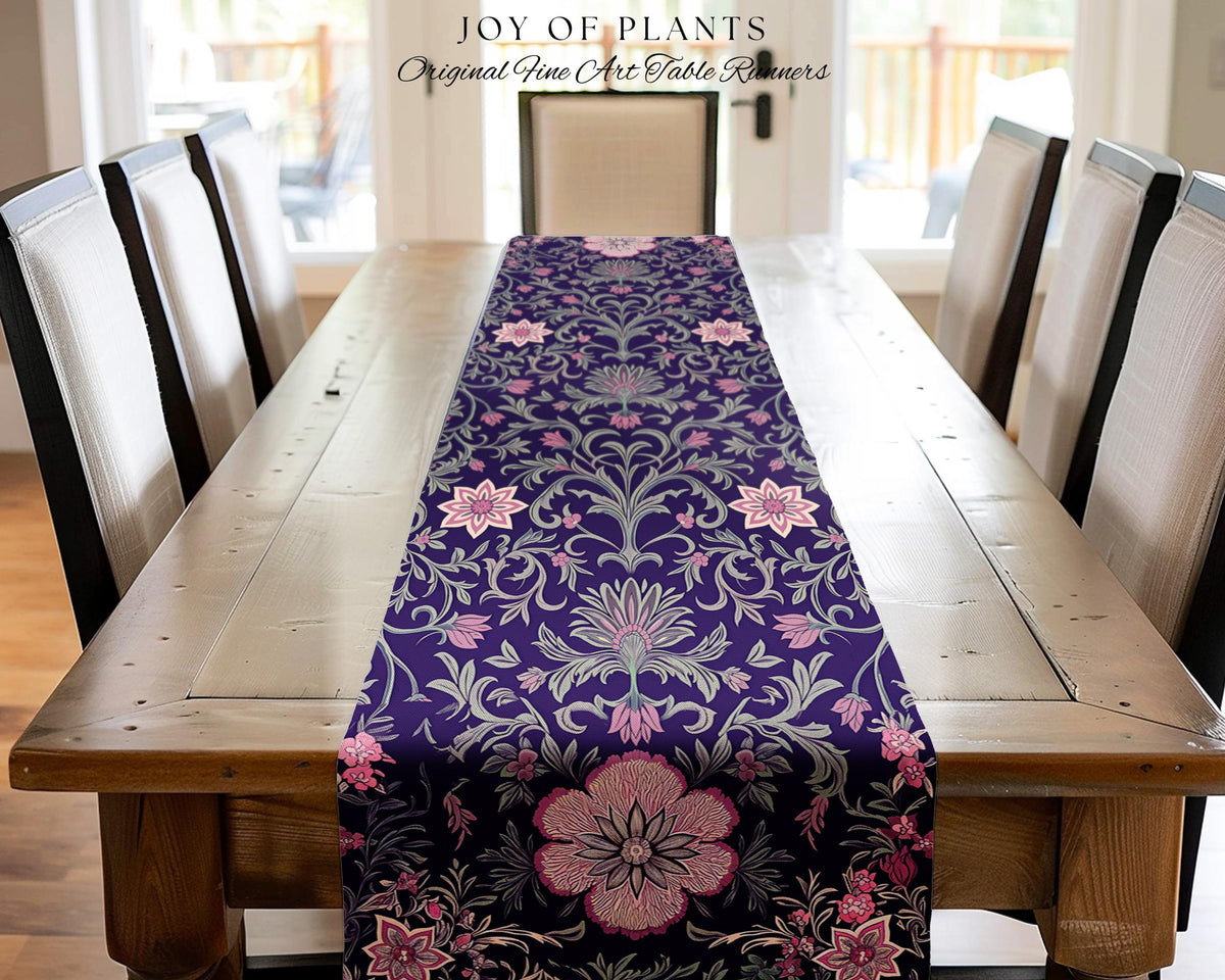 Table Runner Whimsical Florals | Dark Renaissance Style Art Deco Aesthetic Purple Botanical Dining Room Morris Inspired Fairycore Gothic |