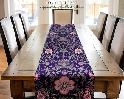 Table Runner Whimsical Florals | Dark Renaissance Style Art Deco Aesthetic Purple Botanical Dining Room Morris Inspired Fairycore Gothic |
