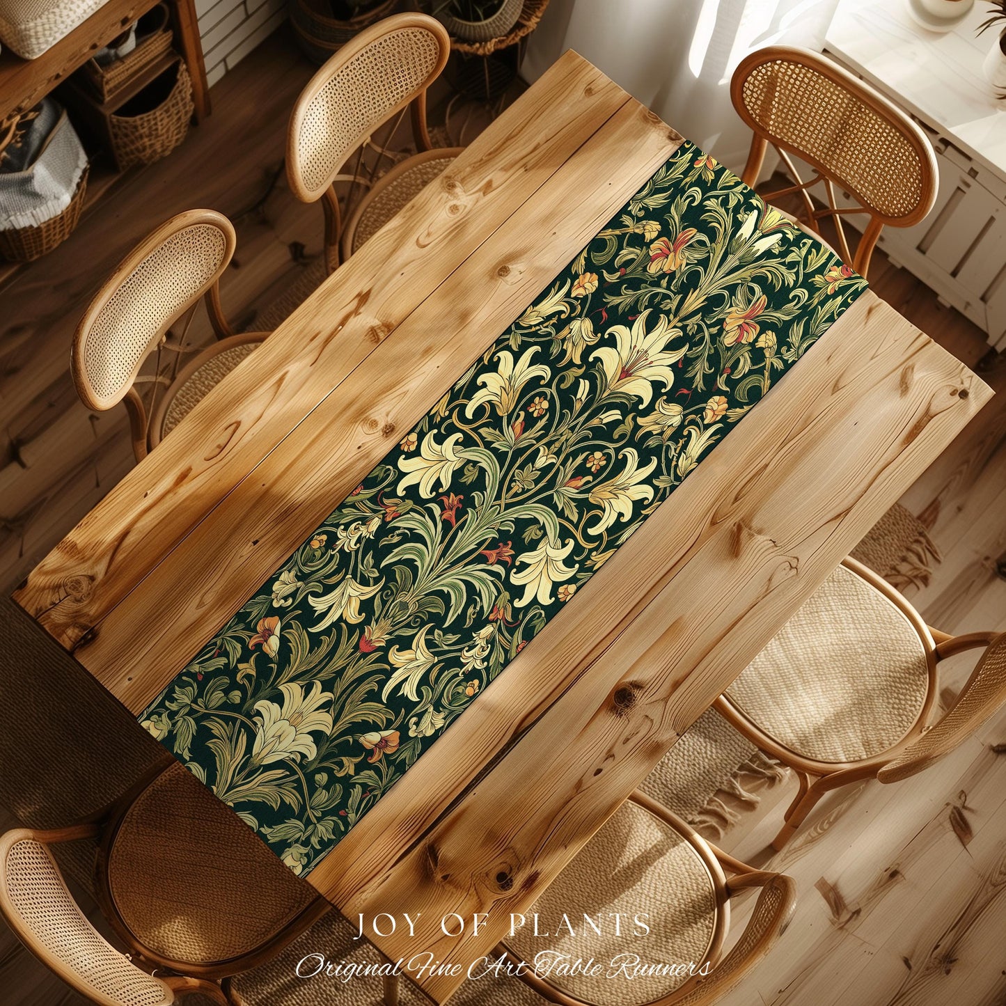 Earthy Fairycore Floral Aesthetic Table Runner | Enchanted Muted Forest Green Art Nouveau Victorian Decor Cottagecore Academia Art Deco |