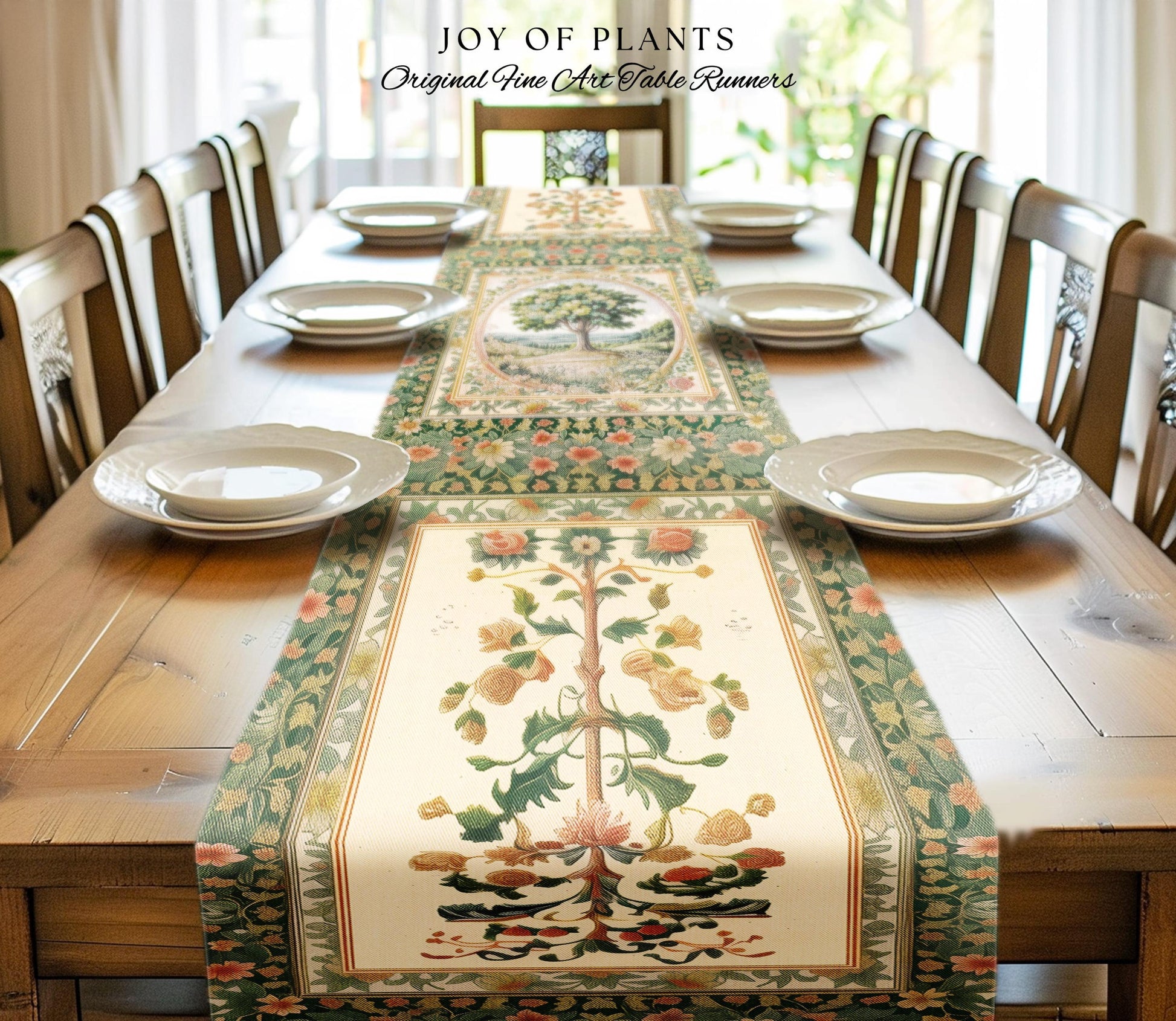 Chateau Garden Tree of Life Table Runner | French Provincial Landscape Antique Floral Romantic Aesthetic Victorian Home Decor Ornate Style