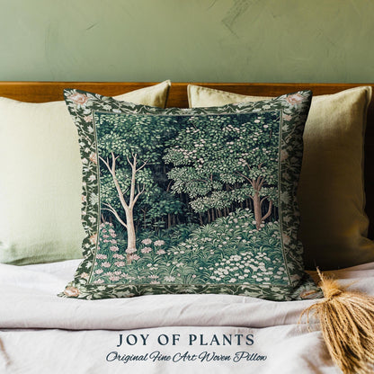 May include: A green and white woven pillow with a forest scene featuring trees and flowers. The pillow has a dark green border and the text "JOY OF PLANTS Original Fine Art Woven Pillow" is printed below the pillow.