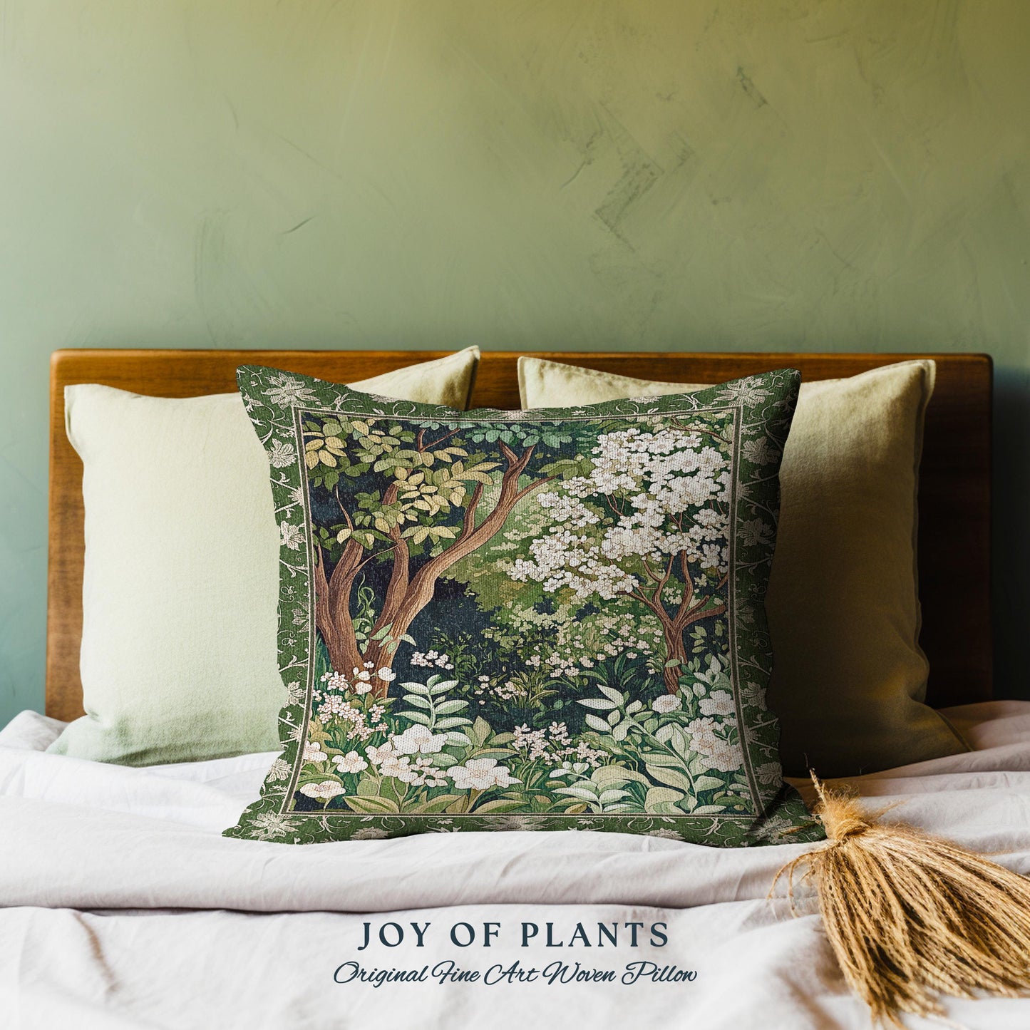 May include: A green and white throw pillow with a tapestry design of trees and flowers. The pillow has the text "JOY OF PLANTS Original Fine Art Woven Pillow" printed on the bottom.