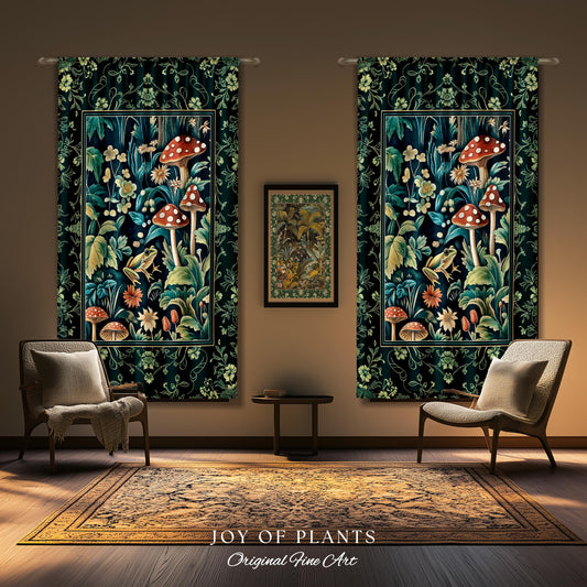 May include: Two dark green tapestry curtains with a botanical design featuring mushrooms, flowers, and a frog. The curtains are framed with a gold border and hung in a room with a rug and chairs. The text "JOY OF PLANTS Original Fine Art" is at the bottom.