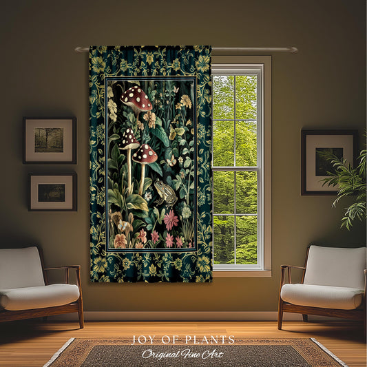 May include: A decorative curtain featuring a botanical design with mushrooms, flowers, and a frog. The curtain has a dark green background with a floral border and is hanging in front of a window. The text "JOY OF PLANTS Original Fine Art" is at the bottom.