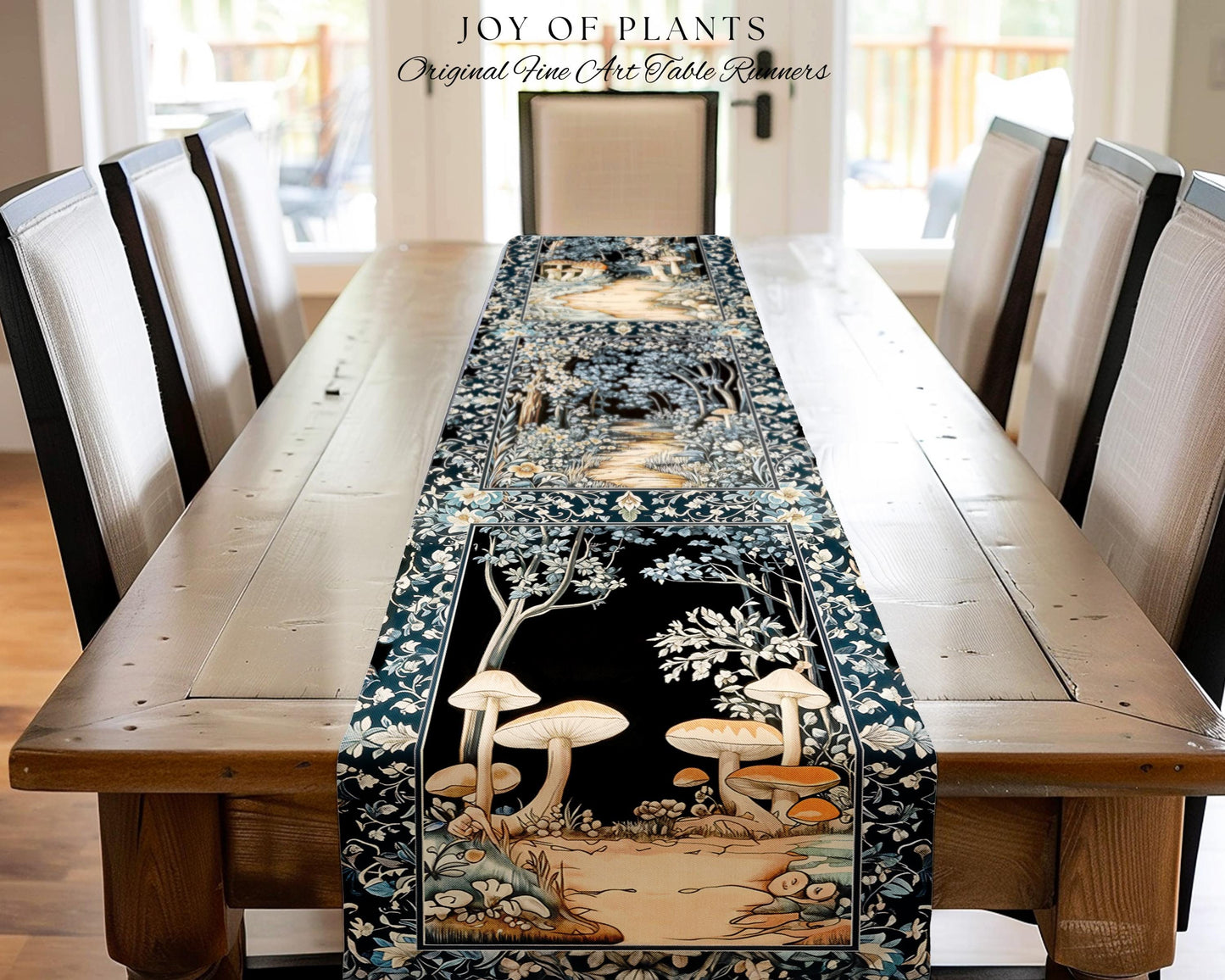 Dreamy Forest Landscape Botanical Table Runner | Misty Forest Dark Cottagecore Aesthetic Fairycore Dining Room Table Magical Jungle Decor